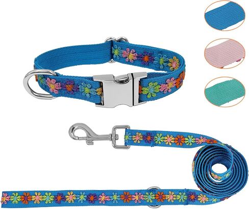 GINIDEAR Dog Collar and Leash Set for Girl Dogs with Cute Embroidery Lace Flowers for Daily Outdoor Walking, Adjustable for Small Medium Large Dogs. Green, S in Kuwait