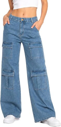 Women's High Waist Baggy Jeans Flap Pocket Relaxed Fit Straight Wide Leg Y2K Fashion Cargo Jeans in Kuwait