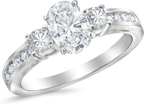 مجموعة قنوات ألماس من الذهب الأبيض عيار 14 قيراط 1.5 قيراط من LAB GROWN DIAMOND مكونة من 3 خواتم خطوبة من الماس بقطع بيضاوي من ثلاثة أحجار (لون G-H VS2-SI1 وضوح 0.75 قيراط مركزي) in Kuwait
