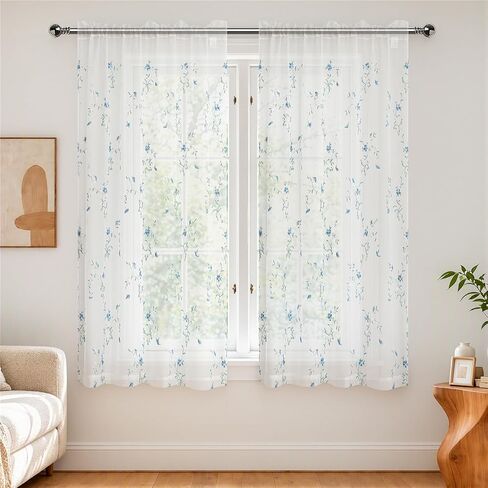 Taisier Home Floral White Sheer Curtains Flower Print Vine Embroidery Bedroom Curtain Rod Pocket Voile Window Curtains for Living Room, 52 x 45 inches Long,Blue Buds with Brown Branch Pattern in Kuwait