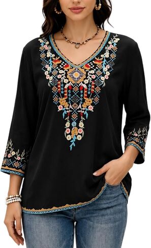 LauraKlein Women's Boho Embroidered Peasant Tops 3/4 Sleeve V Neck Mexican Bohemian Shirts Tunics Blouses in Kuwait