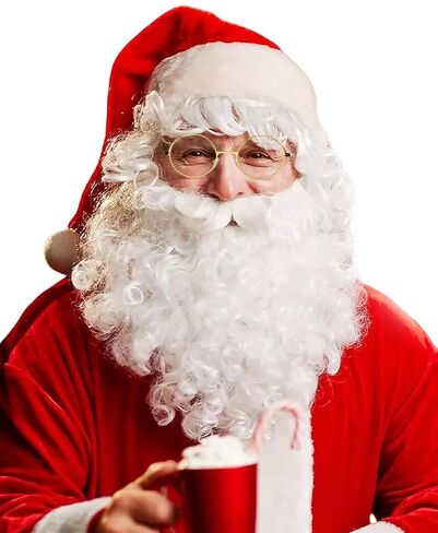 shecool Deluxe Santa Beard and Wig Set - Santa Wig with 12'' White Santa Beard, Glasses, Eyebrow and Wig Cap for Christmas Costumes Party Cosplay SL035 in Kuwait