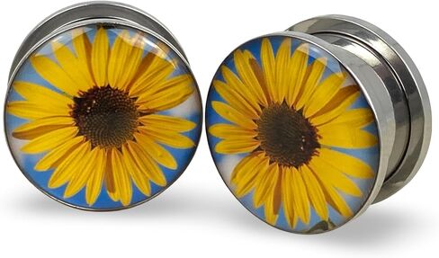 Mystic Metals Body Jewelry Screw on Plugs - Sunflower Picture Plugs - Sold As a Pair in Kuwait