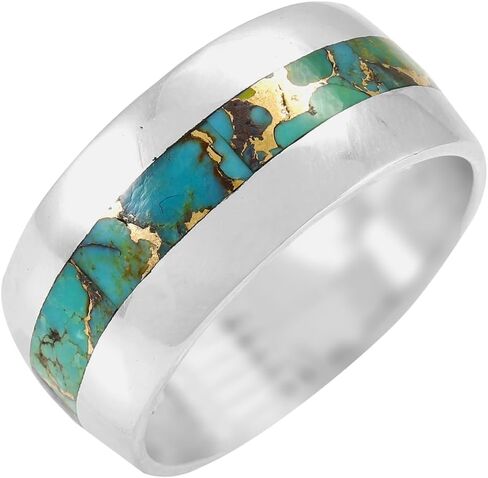 Turquoise Band Ring for Women or Men Sterling Silver 925 Genuine Gemstones in Kuwait