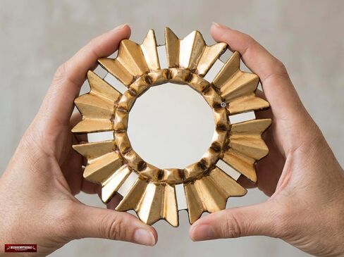 Small Round mirror on the wall art living room decor | Peruvian Hand-carved Wood Gold leaf hanging mirror home decor in Kuwait