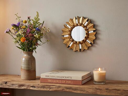 Small Round mirror on the wall art living room decor | Peruvian Hand-carved Wood Gold leaf hanging mirror home decor in Kuwait