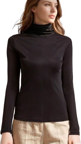 MOROUTLINE Silk Tops Turtleneck Long Sleeve Silk T Shirt Ultra Soft Thermal Layer Tops Slim High Neck Blouse in Kuwait