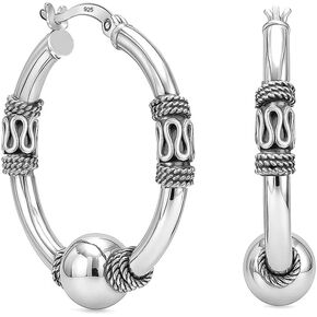 LeCalla 925 Sterling Silver Bali Hoop Earrings for Women | Antique Balinese Beaded Hoop Earrings | Balinese Rope Pattern Click-Top Hoops Earring | Two-Tone Bohemian Tribal Bali Hoop Earrings in Kuwait