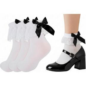 Bunnycool 3 Pairs Women's White Lace Ruffles Top Trim Bobby Sock with Black Satin Back Bow Frilly Beautiful Lace Ruffle Top Opaque Anklet Socks White Socks with Bow for Skirt in Kuwait