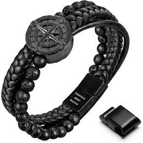 murtoo Mens Bracelet, Leather and Steel, Multi-layer Leather Bracelet for Men with Compass, Ideal Gift for Boyfriend Husband Father in Kuwait