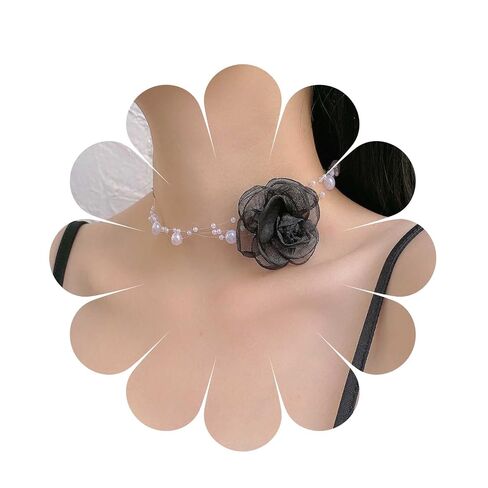 YienDoo Gothic Flower Choker Black Camellia Pearl Necklace Vintage Multi-layer Pearl Lace Floral Neckband Choker Sexy Lace Flower Bow Wedding Bride Pearl Collar Necklace Jewelry for Women in Kuwait