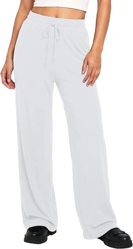 EXCHIC Women's Drawstring Casual Pants Stretchy High Waisted Loose Straight Leg Pants Jogger Trousers with Pockets in Kuwait