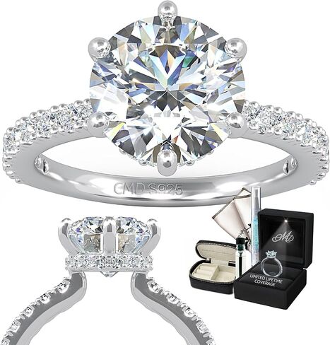 2.5 or 3ct Round Moissanite Engagement Ring 6 Prong/Hidden Halo/Side Stones/ 18K White Gold Vermeil/Lab Created Diamond/D Color VVS1 Clarity/GRA Certified & Engraved/Hypoallergenic/Gift Set in Kuwait