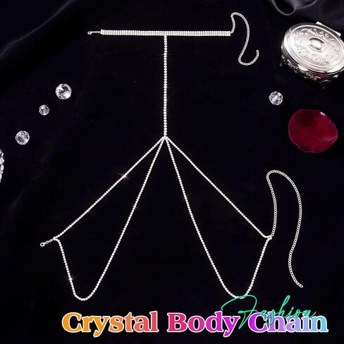 Wooee Sparkly حجر الراين سلسلة الصدر فضية كريستال الصدر سلاسل مثير ملهى ليلي الشاطئ حزب الهذيان الجسم سلسلة للنساء والفتيات in Kuwait