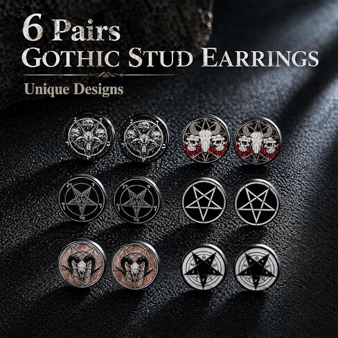 SIISPRI 6Pairs Satan Goat Head Stud Earrings Mens Earrings Set Hypoallergenic Surgical Punk Magic Pentagram Stainless Steel Round Circle Button Stud Post Earrings 10MM in Kuwait