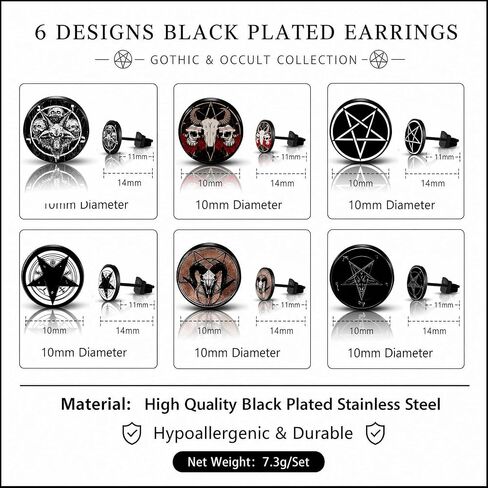 SIISPRI 6Pairs Satan Goat Head Stud Earrings Mens Earrings Set Hypoallergenic Surgical Punk Magic Pentagram Stainless Steel Round Circle Button Stud Post Earrings 10MM in Kuwait