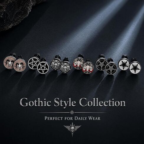 SIISPRI 6Pairs Satan Goat Head Stud Earrings Mens Earrings Set Hypoallergenic Surgical Punk Magic Pentagram Stainless Steel Round Circle Button Stud Post Earrings 10MM in Kuwait