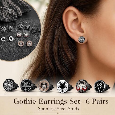 SIISPRI 6Pairs Satan Goat Head Stud Earrings Mens Earrings Set Hypoallergenic Surgical Punk Magic Pentagram Stainless Steel Round Circle Button Stud Post Earrings 10MM in Kuwait