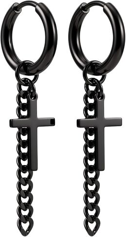 Xusamss Punk Jewelry Titanium Steel Huggie Hinged Hoop Earrings Cross Long Chain Dangle Drop Earrings in Kuwait