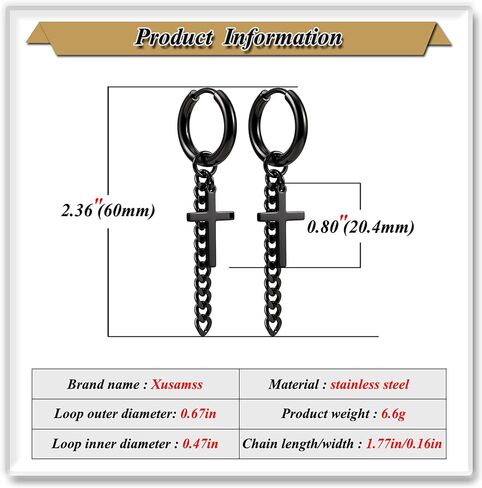 Xusamss Punk Jewelry Titanium Steel Huggie Hinged Hoop Earrings Cross Long Chain Dangle Drop Earrings in Kuwait