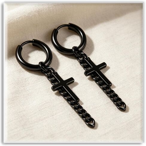 Xusamss Punk Jewelry Titanium Steel Huggie Hinged Hoop Earrings Cross Long Chain Dangle Drop Earrings in Kuwait