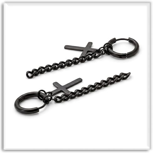 Xusamss Punk Jewelry Titanium Steel Huggie Hinged Hoop Earrings Cross Long Chain Dangle Drop Earrings in Kuwait