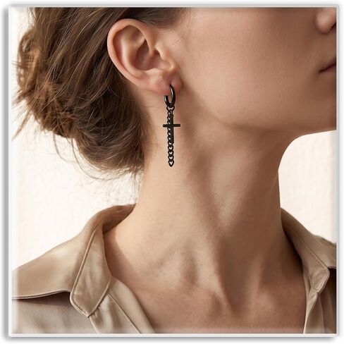 Xusamss Punk Jewelry Titanium Steel Huggie Hinged Hoop Earrings Cross Long Chain Dangle Drop Earrings in Kuwait
