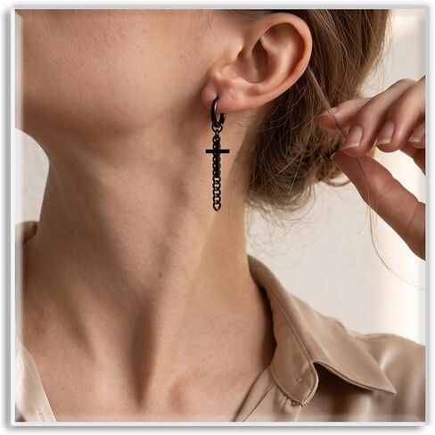 Xusamss Punk Jewelry Titanium Steel Huggie Hinged Hoop Earrings Cross Long Chain Dangle Drop Earrings in Kuwait