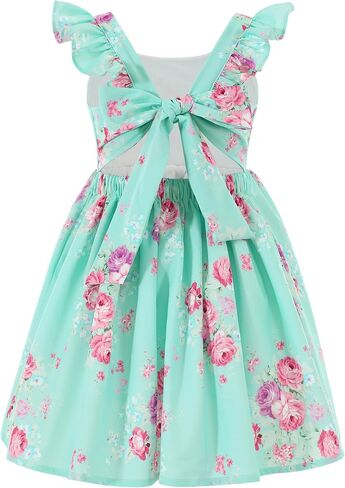 Flofallzique Floral Girls' Dress Summer Ruffle Flutter Sleeve Casual Tie Back Birtrhday Tea Party Toddler Boho Sundresses in Kuwait