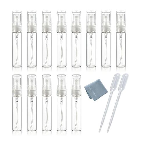 Elfenstal- 10pcs Mini Clear 3ml 1/6OZ Atomizer Fine Mist Empty Glass Bottle Spray Refillable Fragrance Perfume Scent Sample Bottle 1pc Clean Cloth for Travel Party Makeup Tool 2pcs Free 3ml Pipette in Kuwait