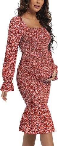 Maternity Summer Floral Midi Bodycon Dresses, Short Puff Sleeve Square Neck Ruffle Hem Mermaid Baby Shower Dress Coffee M in Kuwait