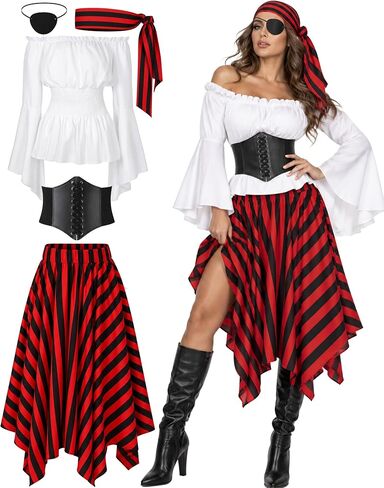 Cosrea Pirate Costume Adult Women Renaissance Shirt Bandana Corset Waist Belt Eye Patch Halloween Pirate Queen Outfit in Kuwait