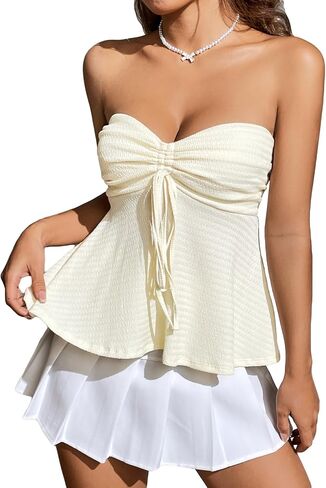 Milumia المرأة التعادل الجبهة Ruched أنبوب الأعلى حمالة متوهج تنحنح Peplum Bandeau قمم in Kuwait