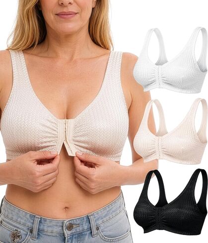 Carole Martin Full-Freedom Comfort Front Closure Bra for Women, Wireless- 3 Pack White, Beige, Black in Kuwait