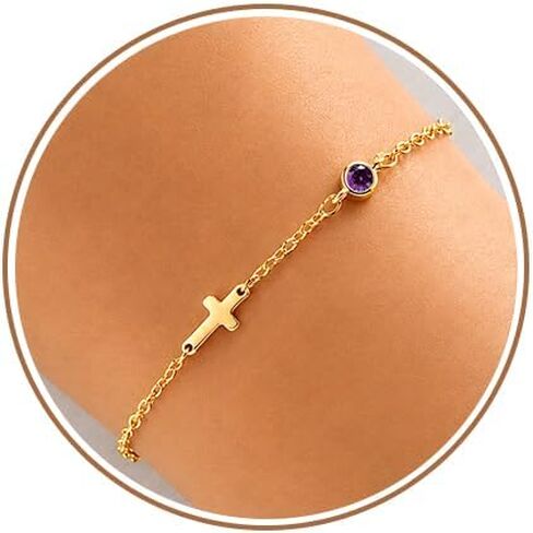 Birthstone Cross Bracelet for Women Birthday Gifts for Teen Girls Dainty 14K Gold Plated Cross Birthstone Adjustable Bracelets Religious Christian Jewelry for Women Stocking Stuffer in Kuwait