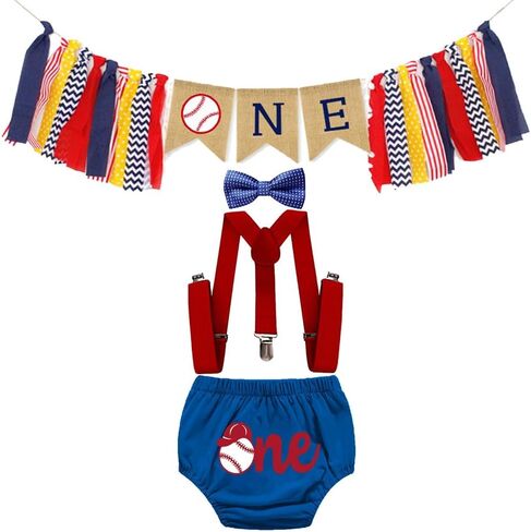 HIHCBF Baby Baseball Cake Smash Outfits 1st Birthday Photo Shoot Decorations Kit Highchair Banner Bloomers Suspenders Bowtie in Kuwait