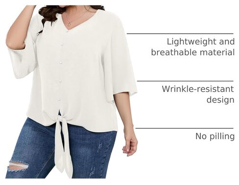 SCOMCHIC Women's Plus Size Blouses V Neck Tops 3/4 Sleeve Tie Knot Casual False Button Down Shirts XL-5XL in Kuwait