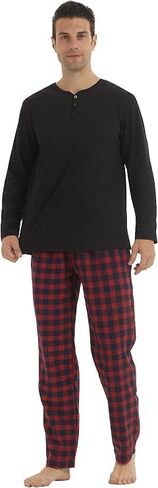 YUSHOW Mens Pajama Set Long Sleeve Henley Neck Button Top Plaid Pants Soft Warm Loungewear Sleepwear Set in Kuwait