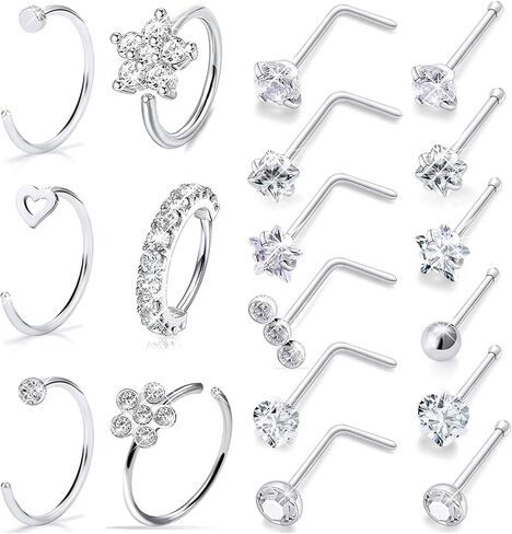 Boernfnso 20G Nose Rings Hoop Stud for Women Men Surgical Steel Nose Rings Studs Paved CZ Flower Nose Piercing Jewelry L Shaped Nose Ring Stud Set nose jewelry in Kuwait