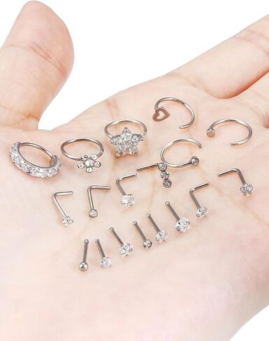 Boernfnso 20G Nose Rings Hoop Stud for Women Men Surgical Steel Nose Rings Studs Paved CZ Flower Nose Piercing Jewelry L Shaped Nose Ring Stud Set nose jewelry in Kuwait