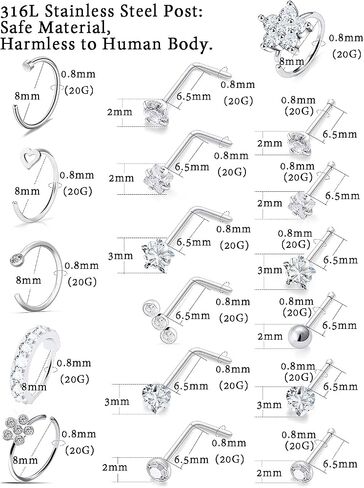 Boernfnso 20G Nose Rings Hoop Stud for Women Men Surgical Steel Nose Rings Studs Paved CZ Flower Nose Piercing Jewelry L Shaped Nose Ring Stud Set nose jewelry in Kuwait
