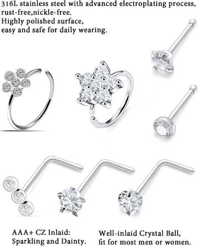Boernfnso 20G Nose Rings Hoop Stud for Women Men Surgical Steel Nose Rings Studs Paved CZ Flower Nose Piercing Jewelry L Shaped Nose Ring Stud Set nose jewelry in Kuwait