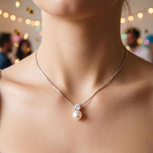 Mariell White Pearl Bridal, Bridesmaid Necklace with CZ Crystal, Pearl Wedding Jewelry, Birthday Gift in Kuwait