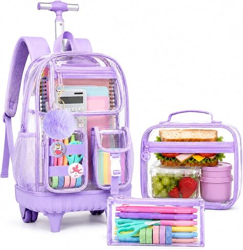 Rolling Clear Backpack for Girls Women, Heavy Duty PVC Transparent Bookbag, See Through Wheeled Bookbag with Lunch Box for Teens Elementary Travel - Black in Kuwait