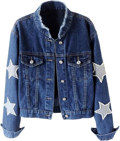 Kedera Women Pearls Beading Denim Jacket Long Sleeve Button Down Distressed Ripped Jean Coat in Kuwait