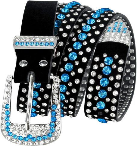Unisex Crystal Rhinestone Belt Western Bling Studded Design Genuine Leather Belt 1-3/8" or 1-1/2" Wide, Multi-Style Options in Kuwait