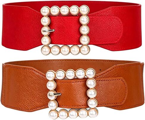 XiFiMak Women's Large Pearl-Buckle Elastic Waist Belt Elegant Wide Girdle for Dress Skirs Shirt in Kuwait