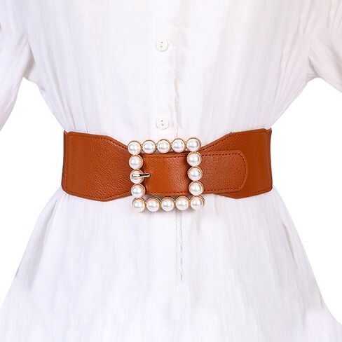 XiFiMak Women's Large Pearl-Buckle Elastic Waist Belt Elegant Wide Girdle for Dress Skirs Shirt in Kuwait