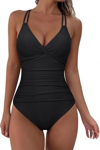 Hilor Women's Underwire One Piece Swimsuits Ruched V Neck Tummy Control Bathing Suit Criss Cross Monokini Swimwear in Kuwait