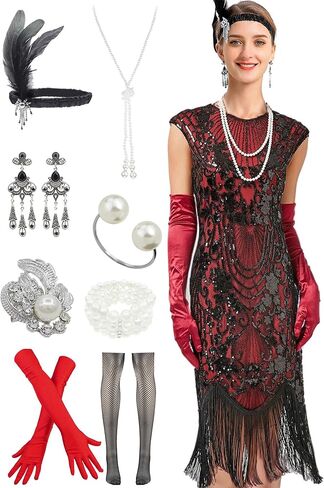 1920s Cap Sleeve Vintage Inspired Sequin Embellished Fringe Long Gatsby Flapper Dress w/ 20s Accessories Set in Kuwait